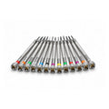 A set of thirteen precision screwdrivers with color-coded handles for watch and electronics repair.