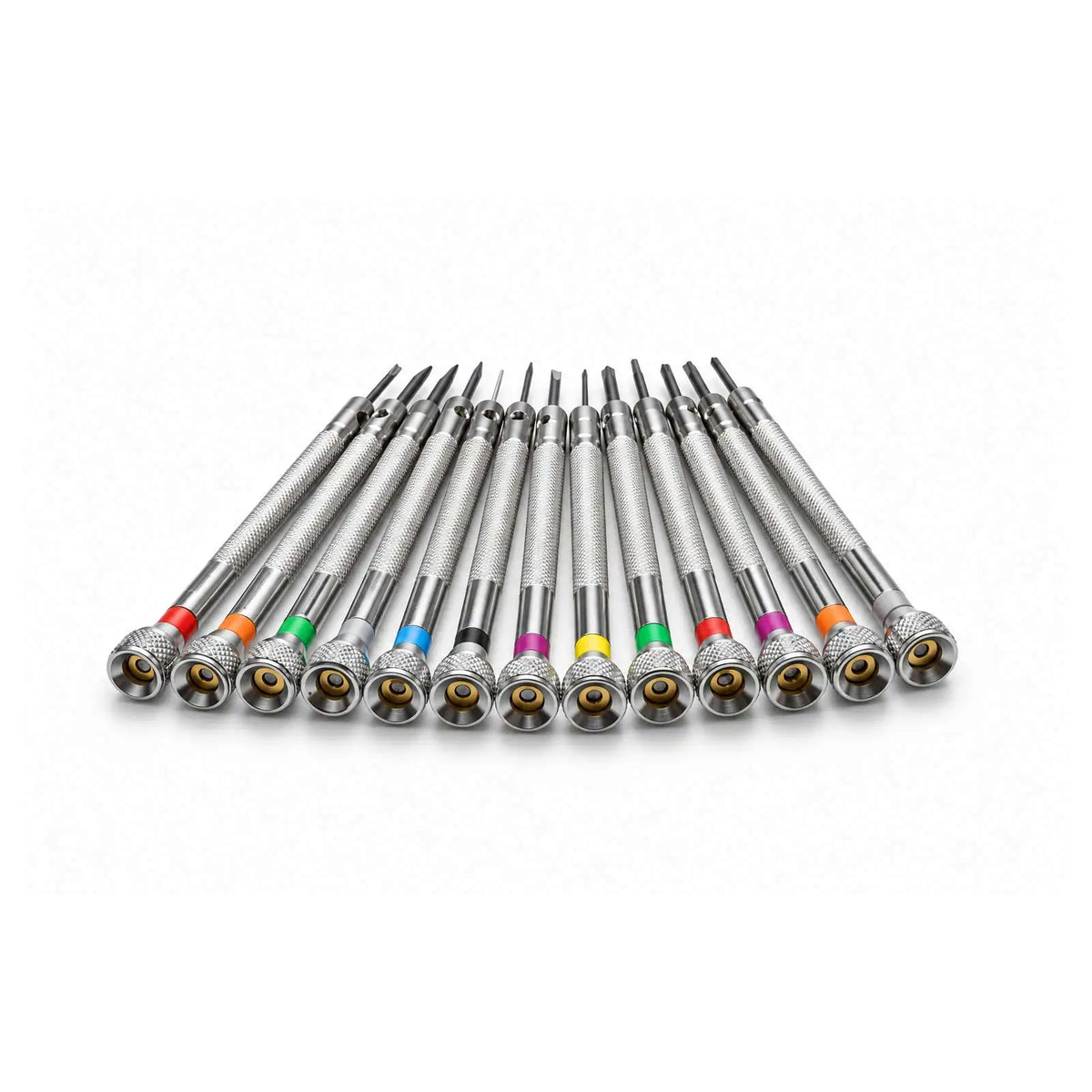 A set of thirteen precision screwdrivers with color-coded handles for watch and electronics repair.
