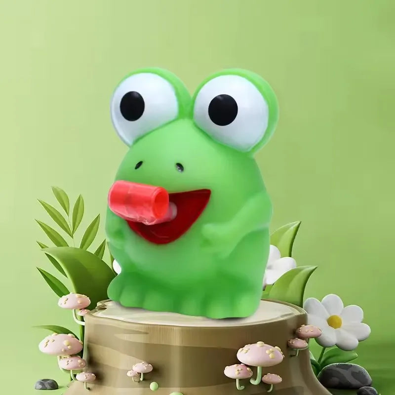 Green frog sensory squeeze toy with extending red tongue on a stump display