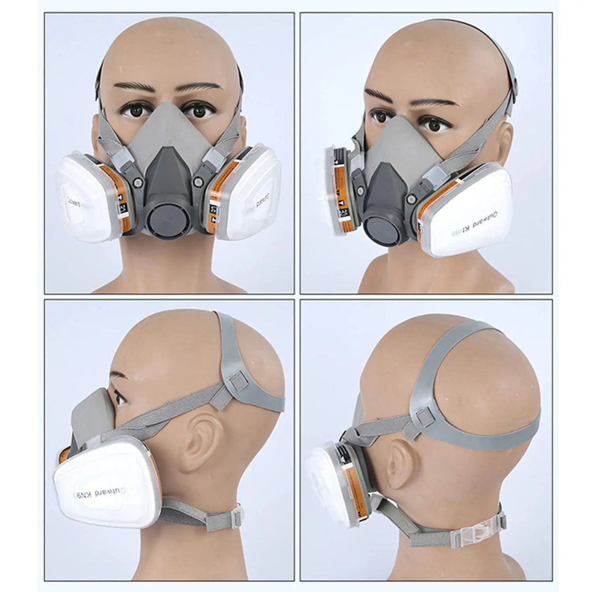 Different angles of a mannequin wearing a grey half face respirator mask