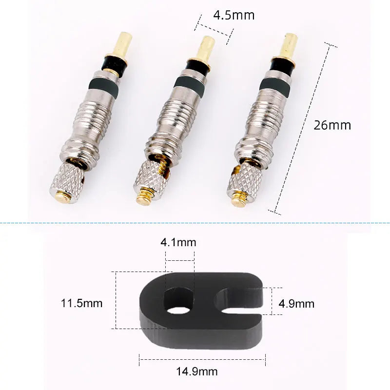 Dimensions of three presta valve cores and a small metal installation tool