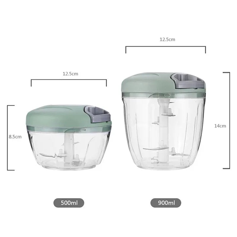 A size comparison diagram of 500ml and 900ml manual vegetable choppers with dimensions.