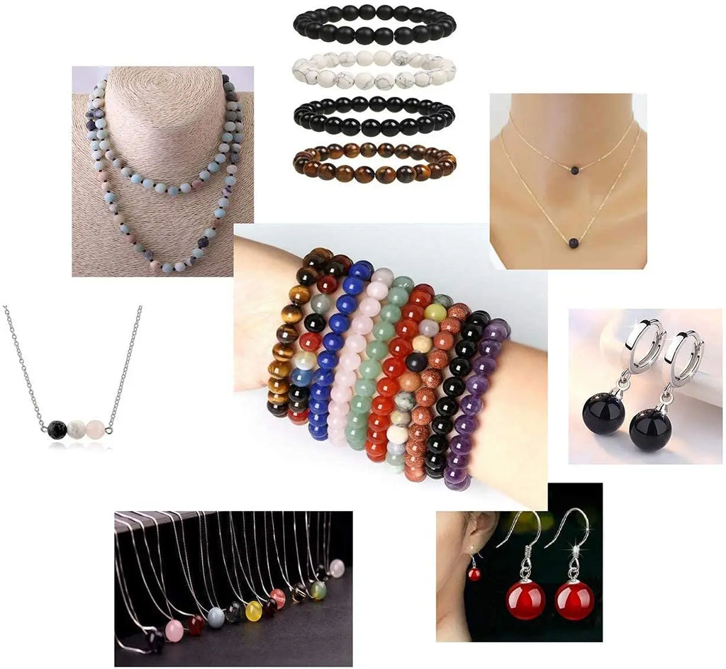 Collage of various natural stone jewelry pieces including bracelets, necklaces and earrings