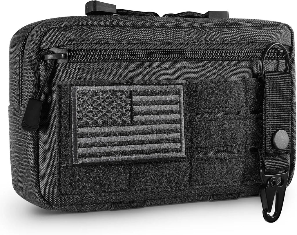 A black tactical utility pouch with an embroidered American flag patch and carabiner.