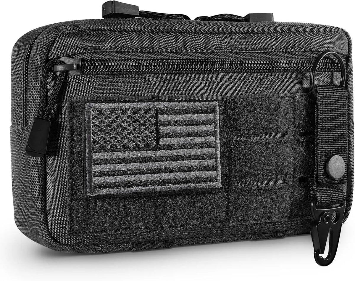 A black tactical utility pouch with an embroidered American flag patch and carabiner.
