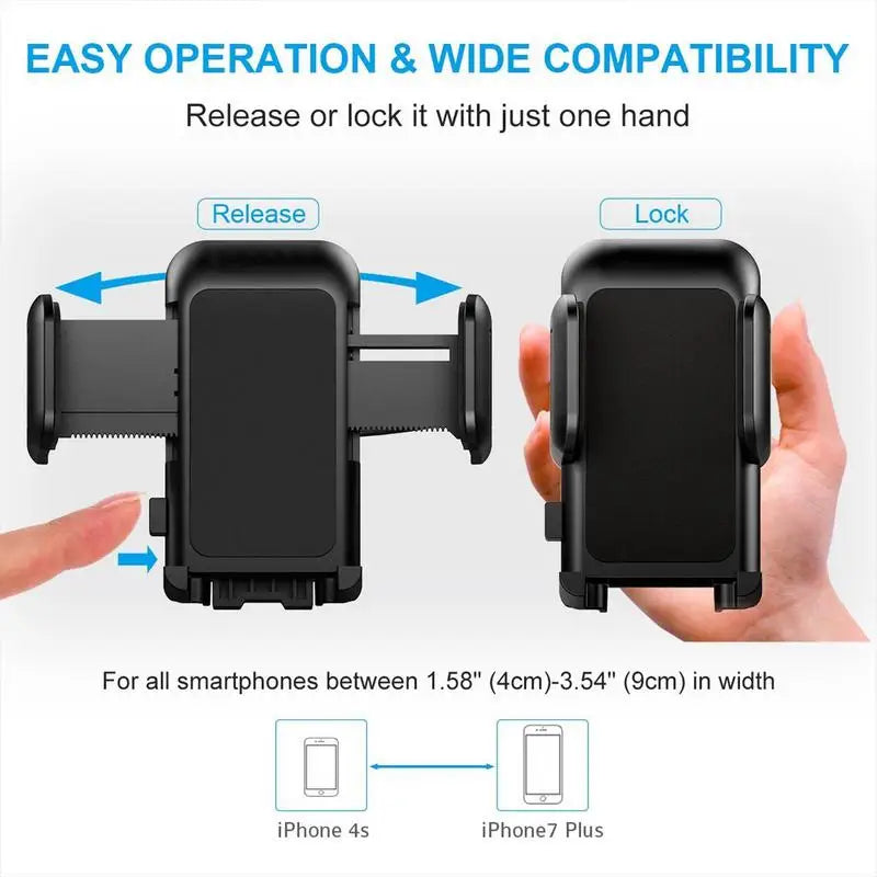Diagram showing the locking and release mechanism of a car phone holder with compatibility details.