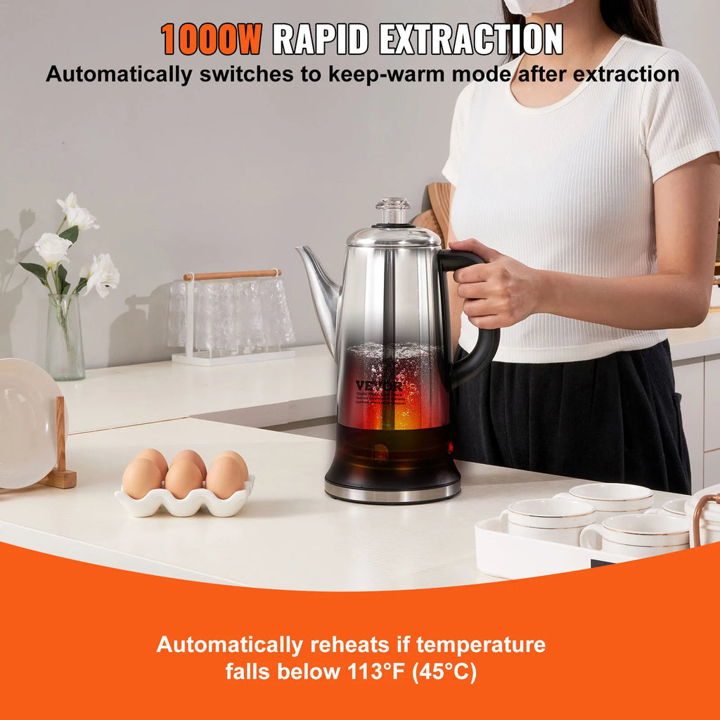 Person using an electric percolator coffee pot in a kitchen setting.