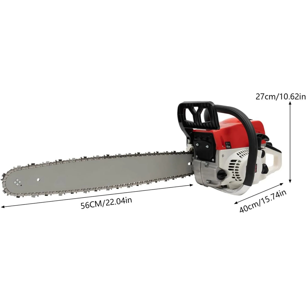 22-inch red and white chainsaw with dimension measurements shown