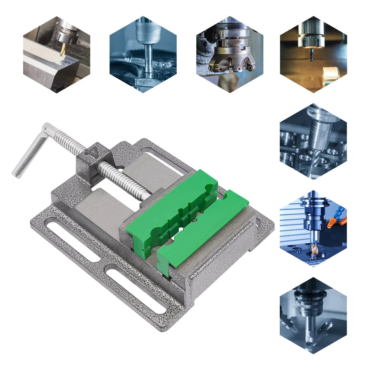 Cast iron drill press vise with green non-slip jaws, shown in several industrial machining setups