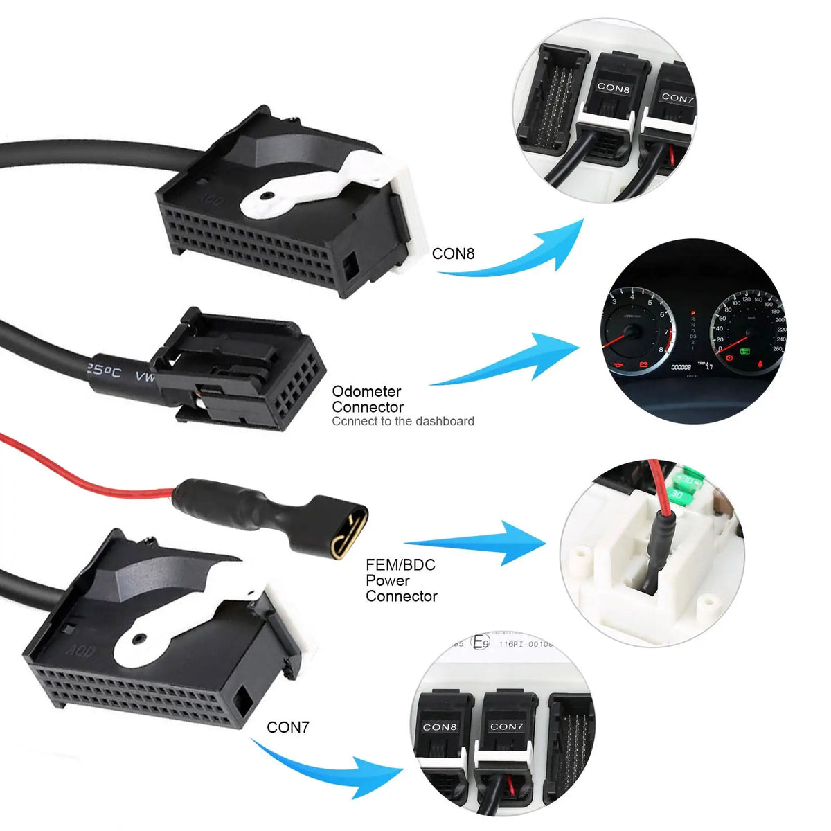 BMW key programming adapter connection guide with diagrams showing dashboard and port connections