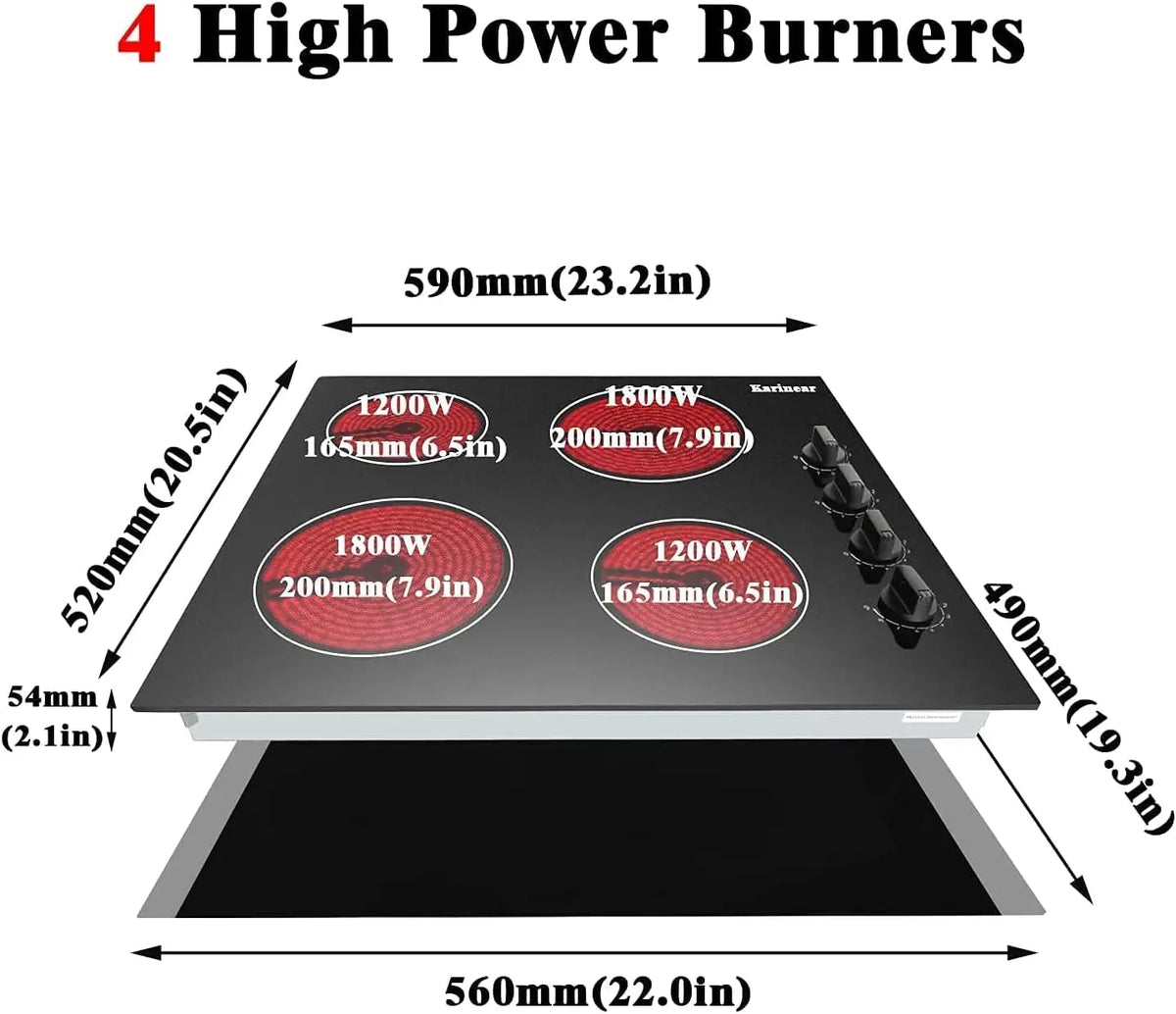 Technical diagram of a 4-burner electric cooktop with dimensions and power ratings in watts and millimeters
