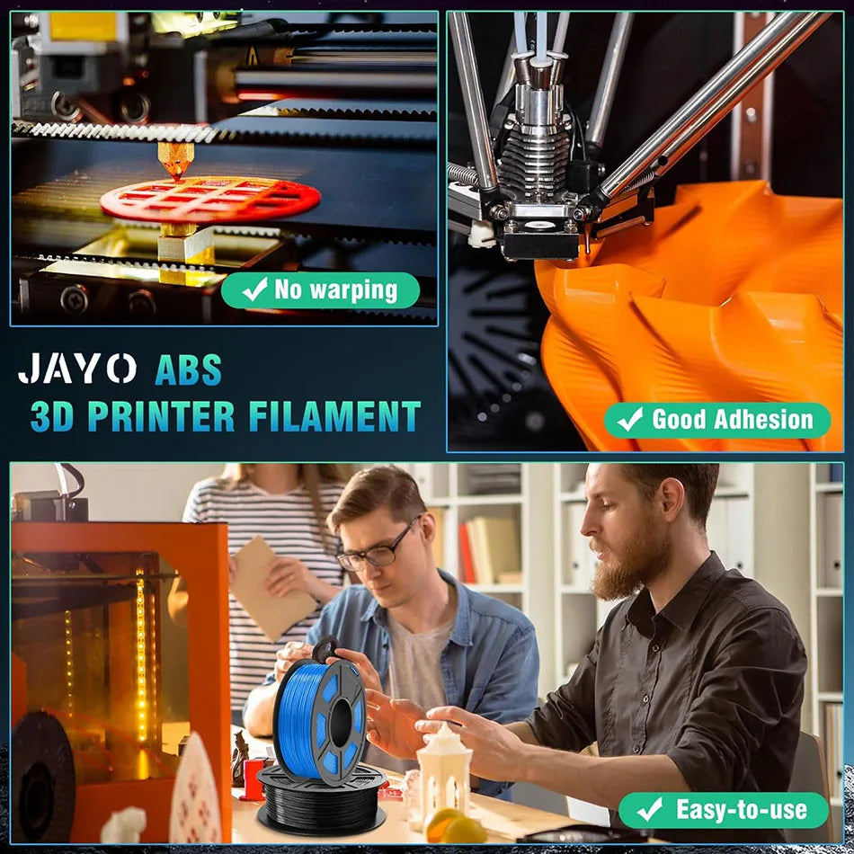 A collage showing 3D printer filament in use during printing and being handled by people.