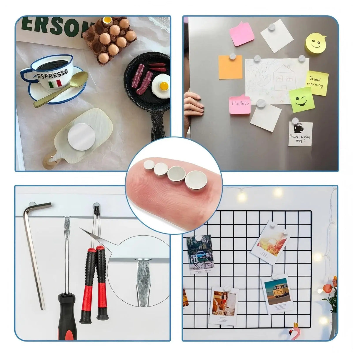 Collage illustrating different applications of small magnets on a refrigerator, kitchen board, and workshop wall.