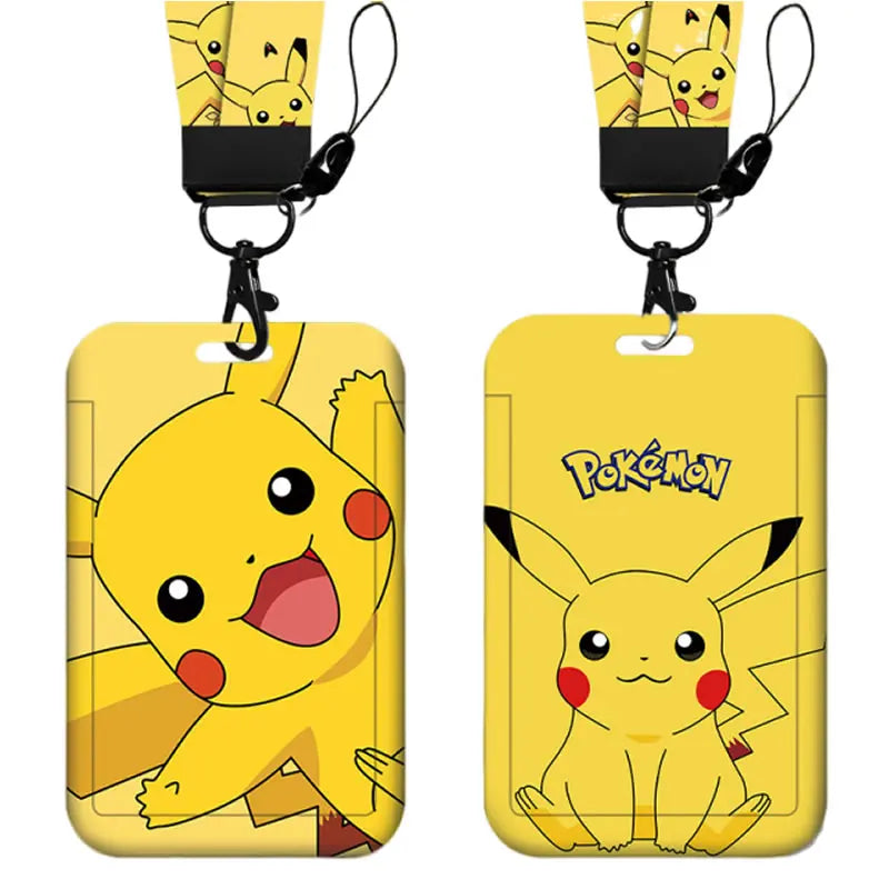 Yellow vertical ID card holder with matching lanyard featuring character print