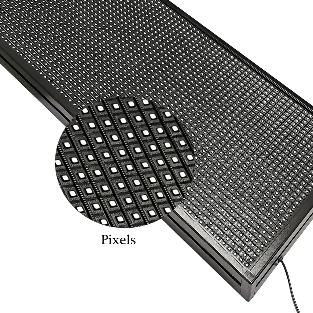 Close up view of the pixel grid matrix of an LED sign board with the label text pixels overlaid