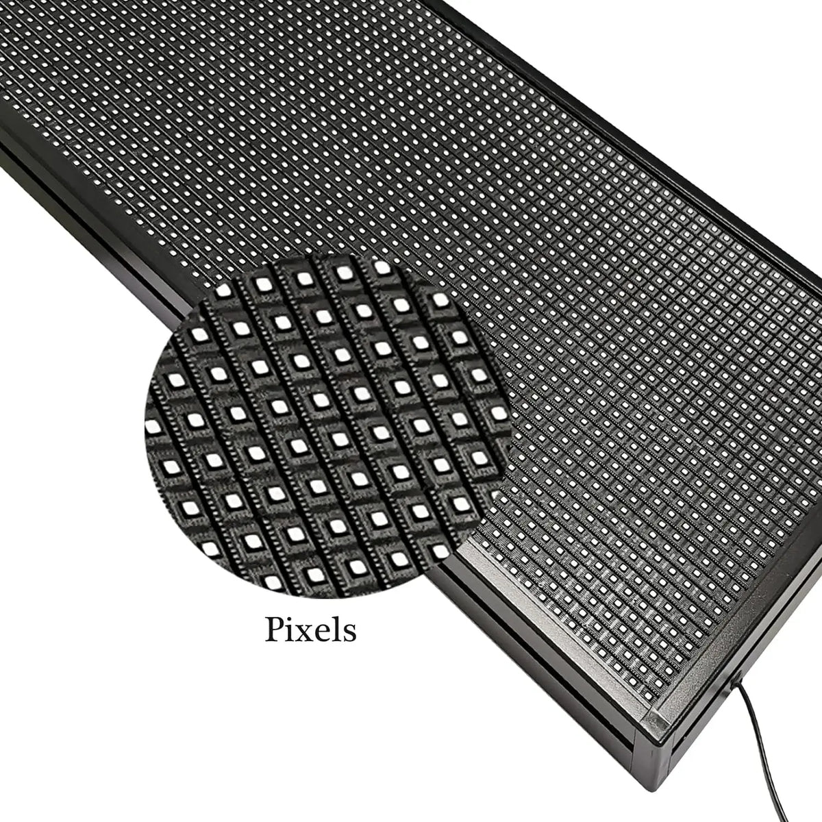 Close up view of the pixel grid matrix of an LED sign board with the label text pixels overlaid