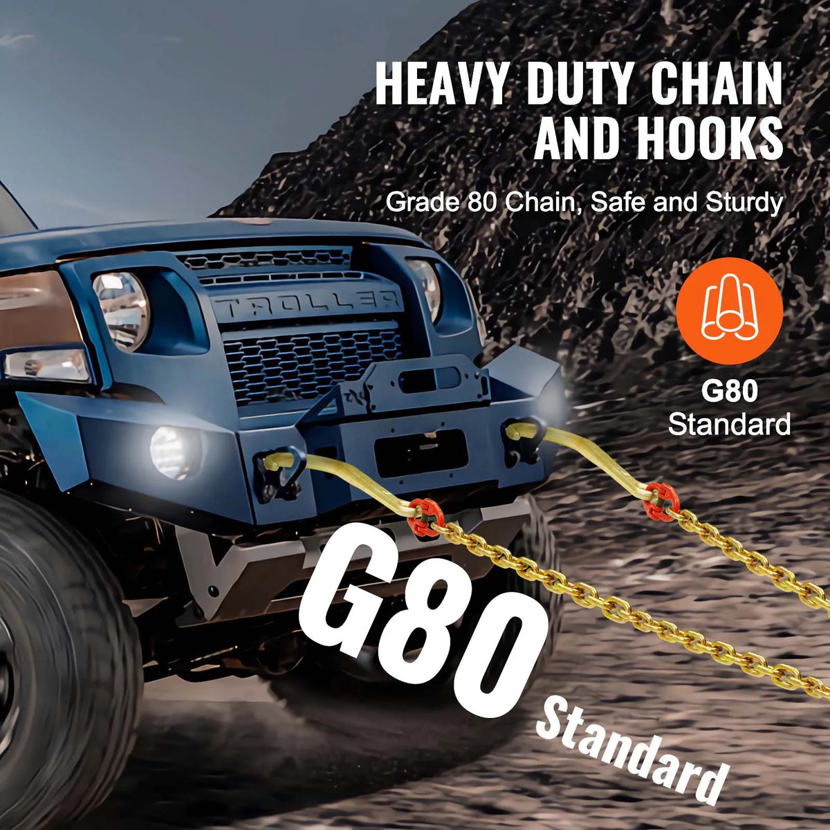 Heavy-duty towing chain attached to the bumper of a blue off-road truck