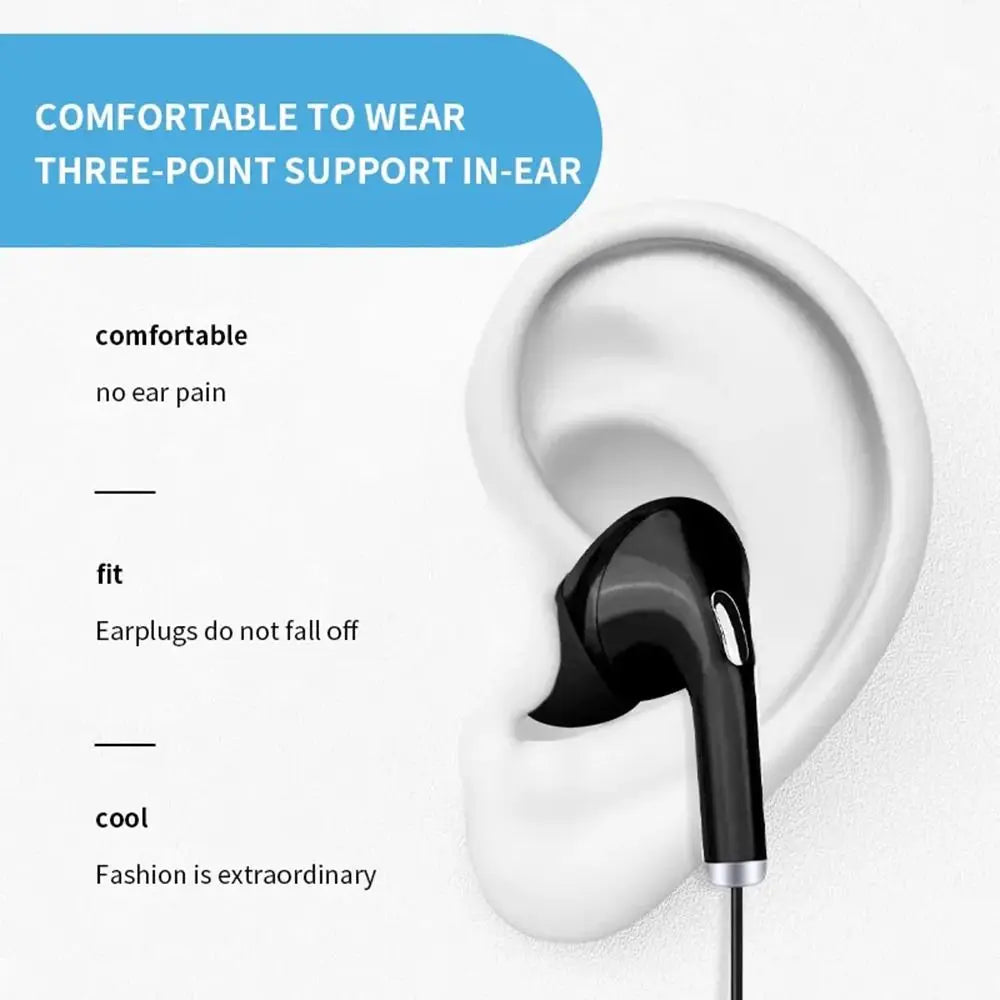 A diagram of a black wired earphone showing the fit inside a human ear with comfort and design text.