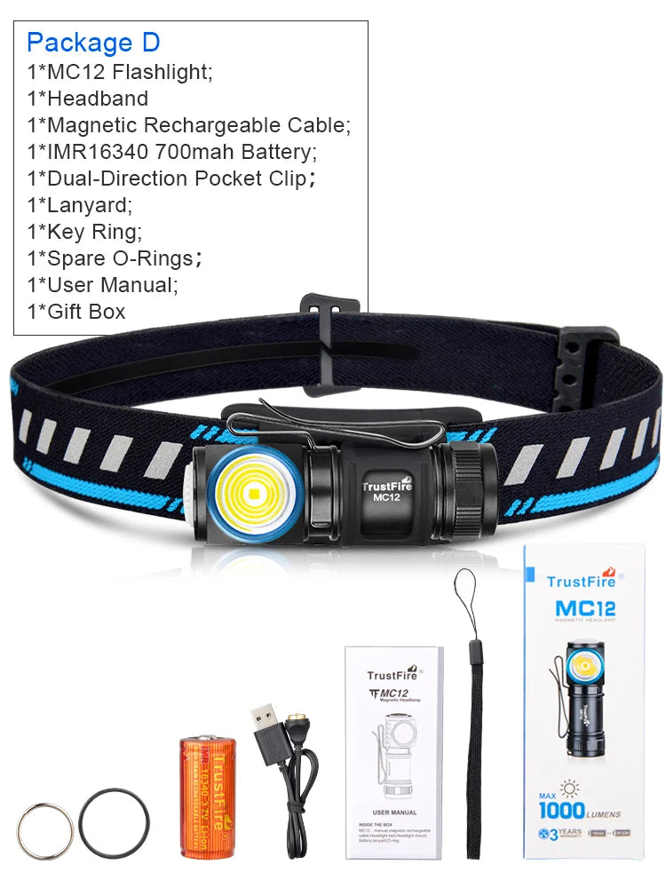 TrustFire MC12 Magnetic LED Headlamp and EDC Flashlight, 1000 Lumens – MC12 Headlamp
