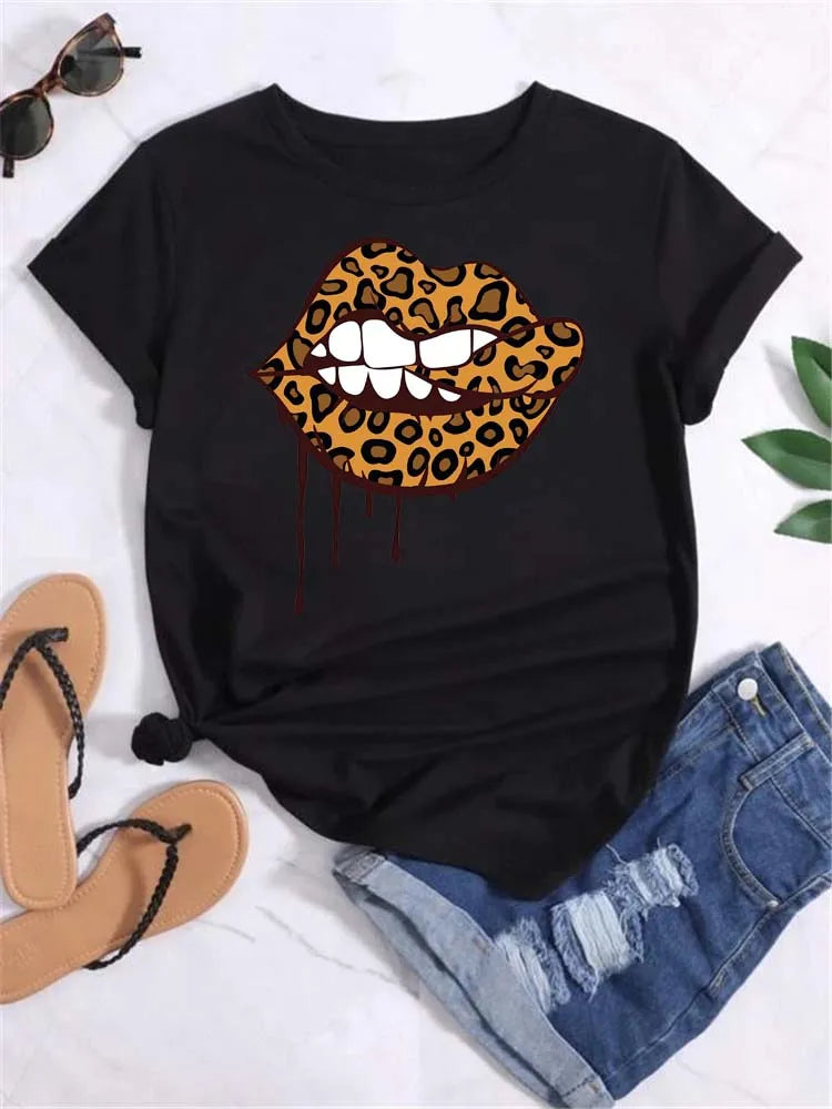 Black short sleeve t-shirt with leopard print lips graphic, paired with denim shorts and sandals