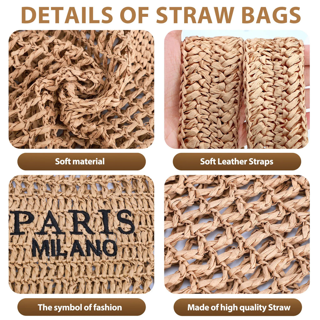 Close-up detail shots showing the texture, material, and strap design of a woven straw beach bag.