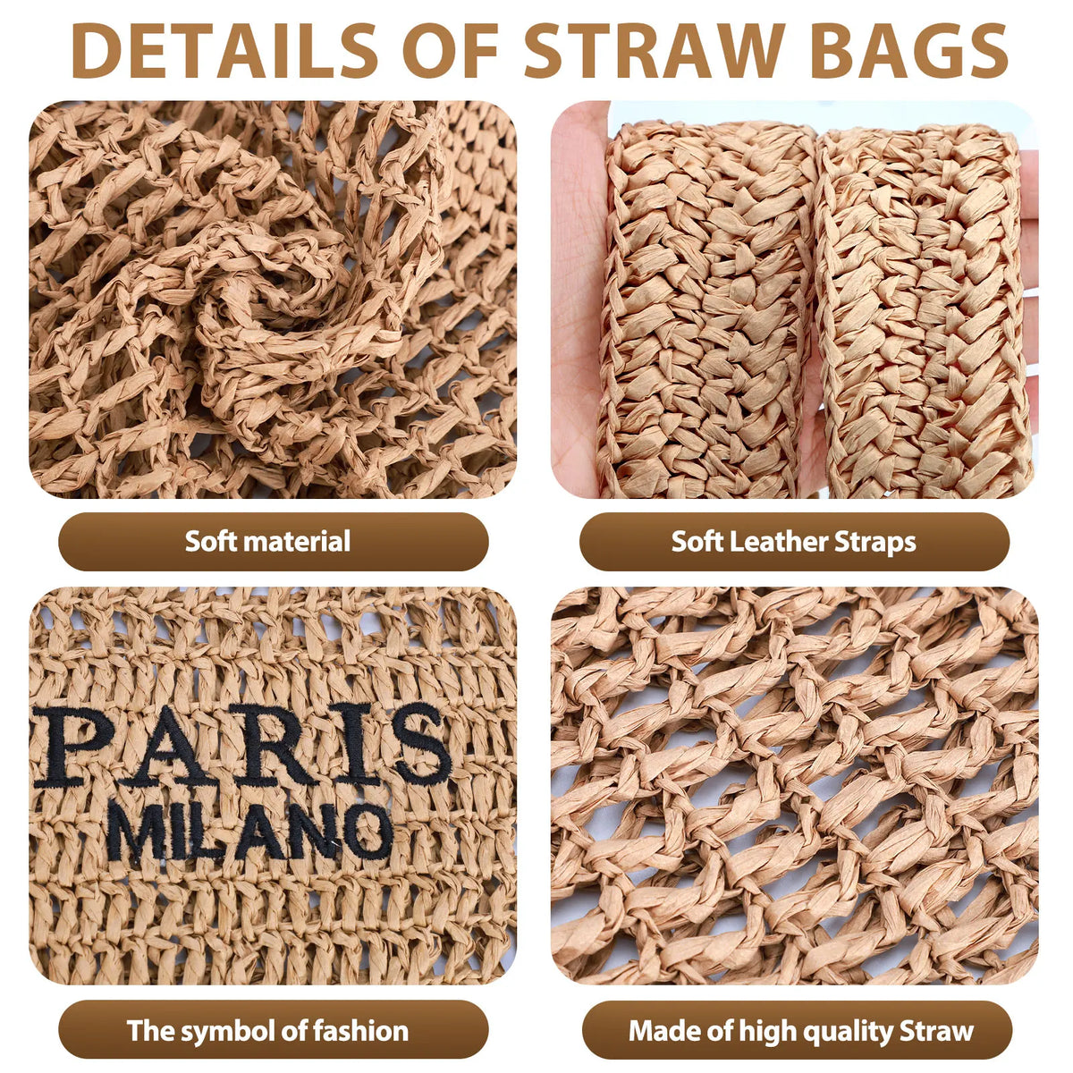 Close-up detail shots showing the texture, material, and strap design of a woven straw beach bag.