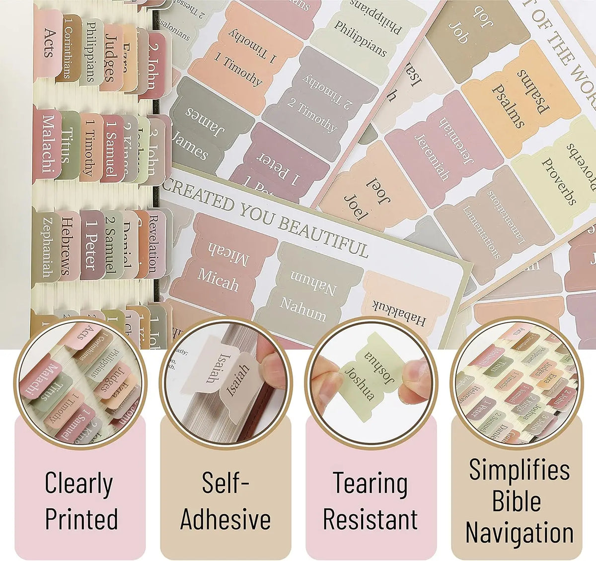 Close-up features of laminated bible tabs highlighting durability, self-adhesive backing, and clear print.