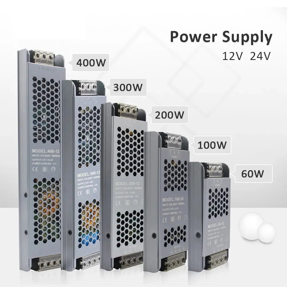 Set of slim metal power supplies in various wattages ranging from 60W to 400W