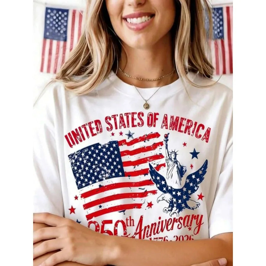 A person wearing a white t-shirt with a United States 250th anniversary patriotic print.
