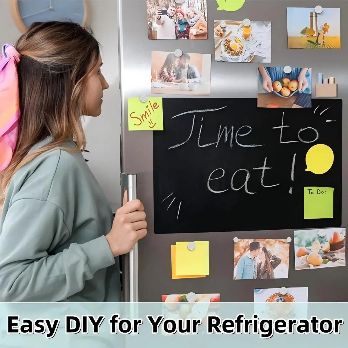Small round magnets holding photos and notes on a refrigerator door.