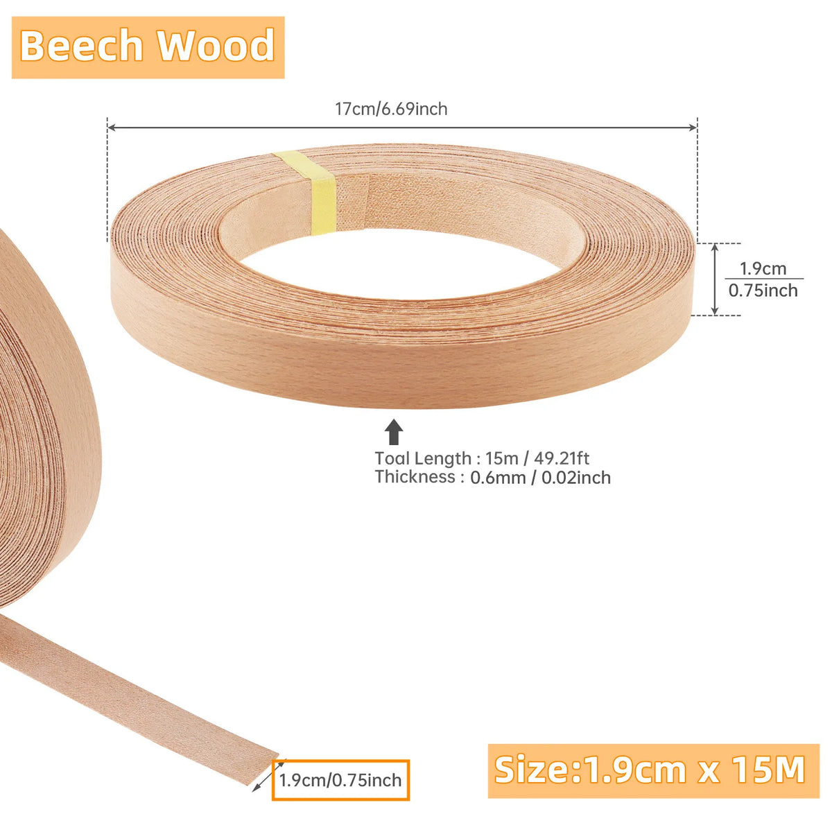 15m Wood Edge Banding Tape, 19mm Width, Hot Melt Adhesive for Furniture – Beech Wood