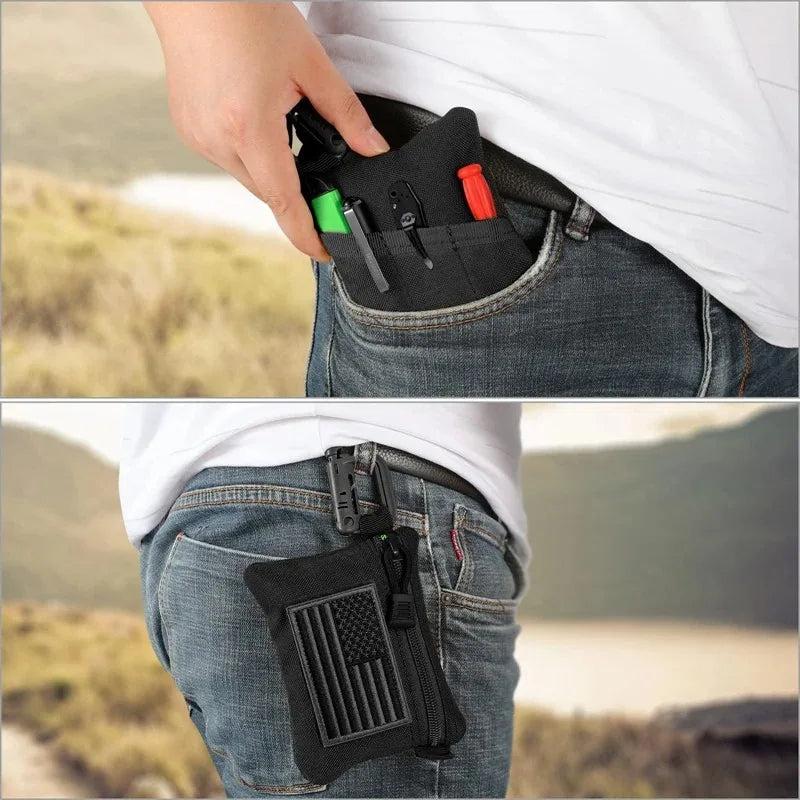 A person wearing a tactical molle pouch on their belt, holding various tools.