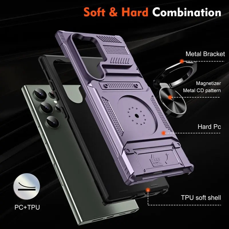 Exploded view of a purple rugged phone case showing inner TPU shell, hard PC cover, and metal ring mechanism.