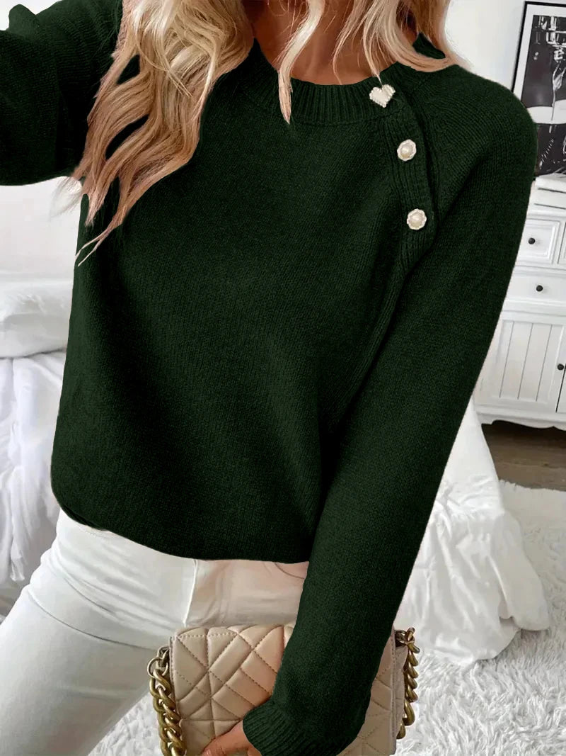 Women's Asymmetrical Gold Button Crew Neck Knit Sweater – Dark Green