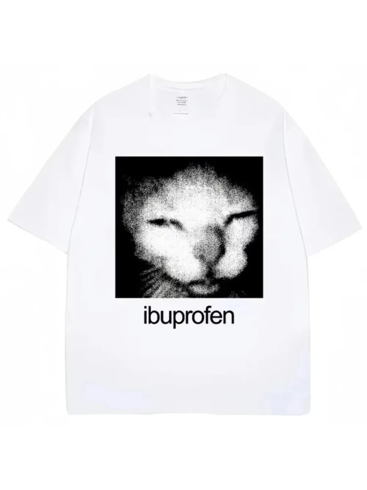 White crew neck short sleeve t-shirt with a vintage cat graphic print and the text ibuprofen