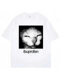 White crew neck short sleeve t-shirt with a vintage cat graphic print and the text ibuprofen