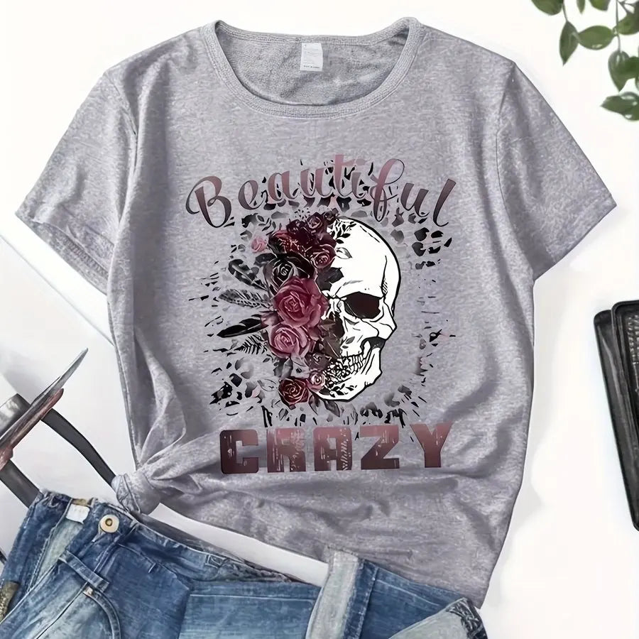 Skull & Letter Print Crew Neck T-Shirt for Women – Grey