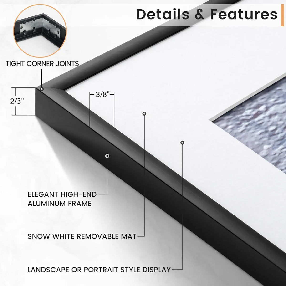 A close-up diagram highlighting the details and features of a black aluminum picture frame.