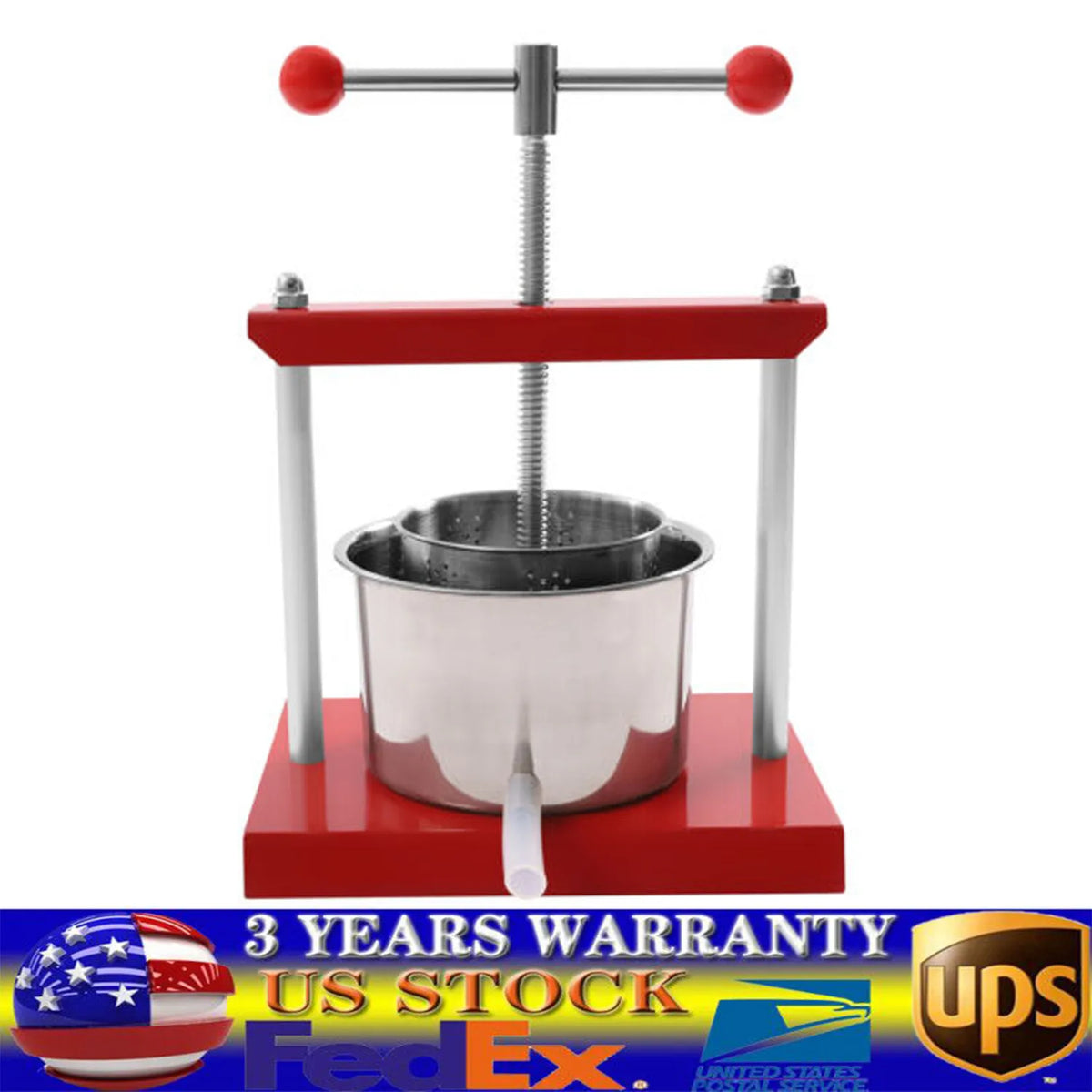 Manual fruit and herb press with stainless steel basket and red metal frame