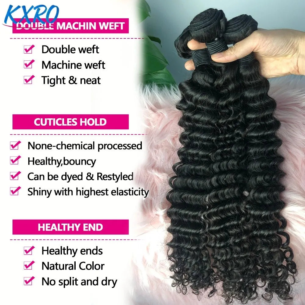 A set of deep wave hair extensions held by a hand, accompanied by a text list of product features.