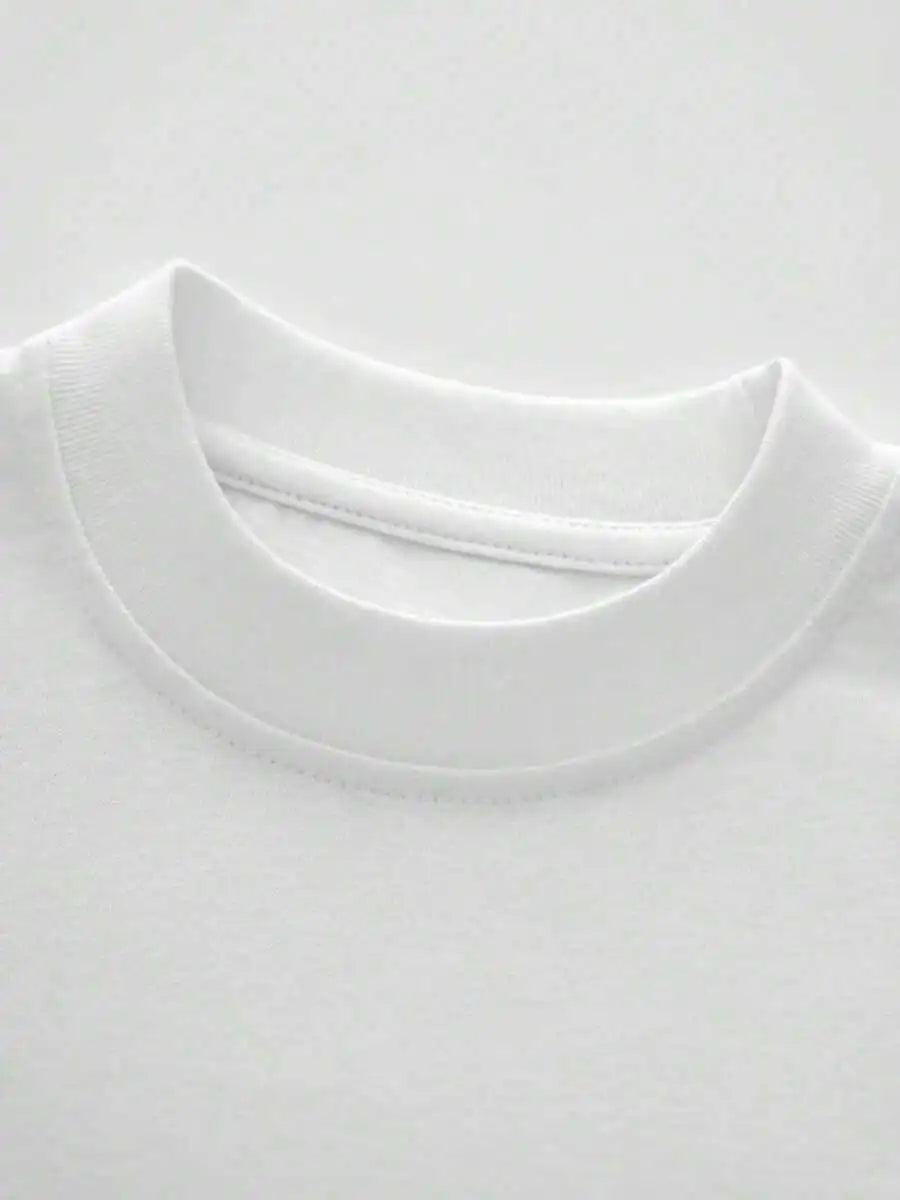 Close up of the round collar on a plain white t-shirt