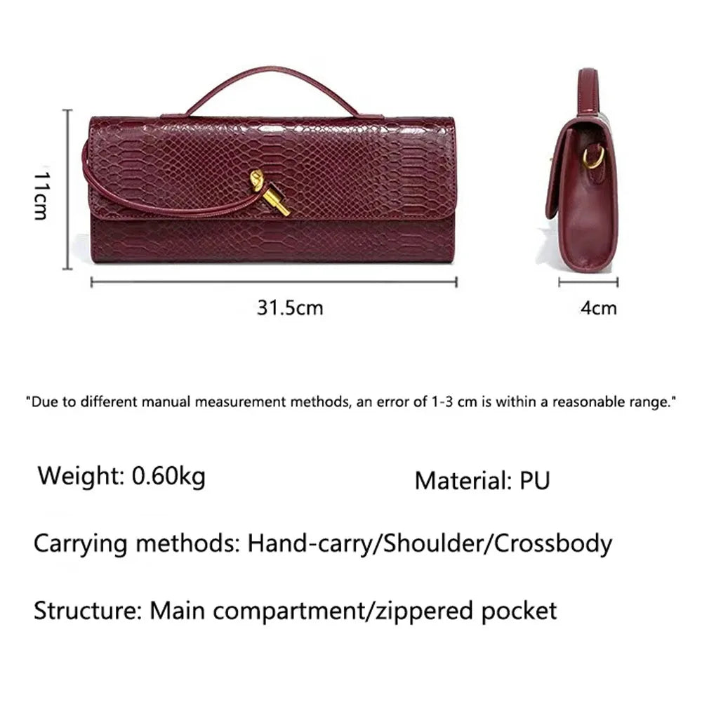 Burgundy faux crocodile skin handbag with technical measurements and specifications