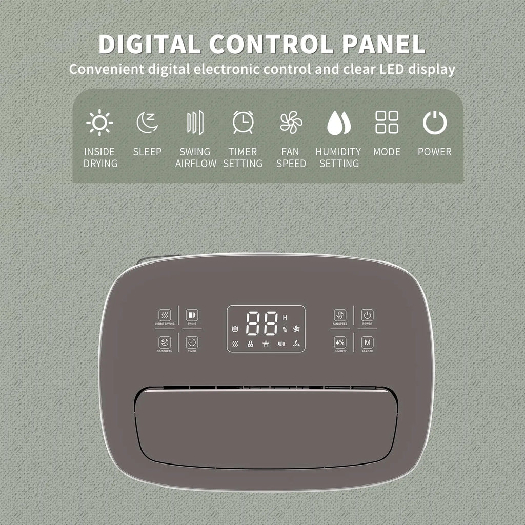 Top view of a home dehumidifier control panel with text labels