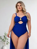 Royal blue one-piece swimsuit with cutout and gold front accent on a model