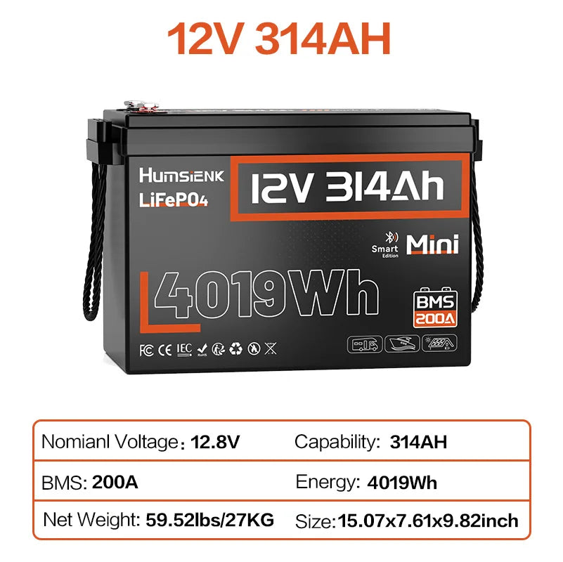 Humsienk 12V LiFePO4 Battery with BMS, 50Ah–314Ah Capacity – 12V 314AH