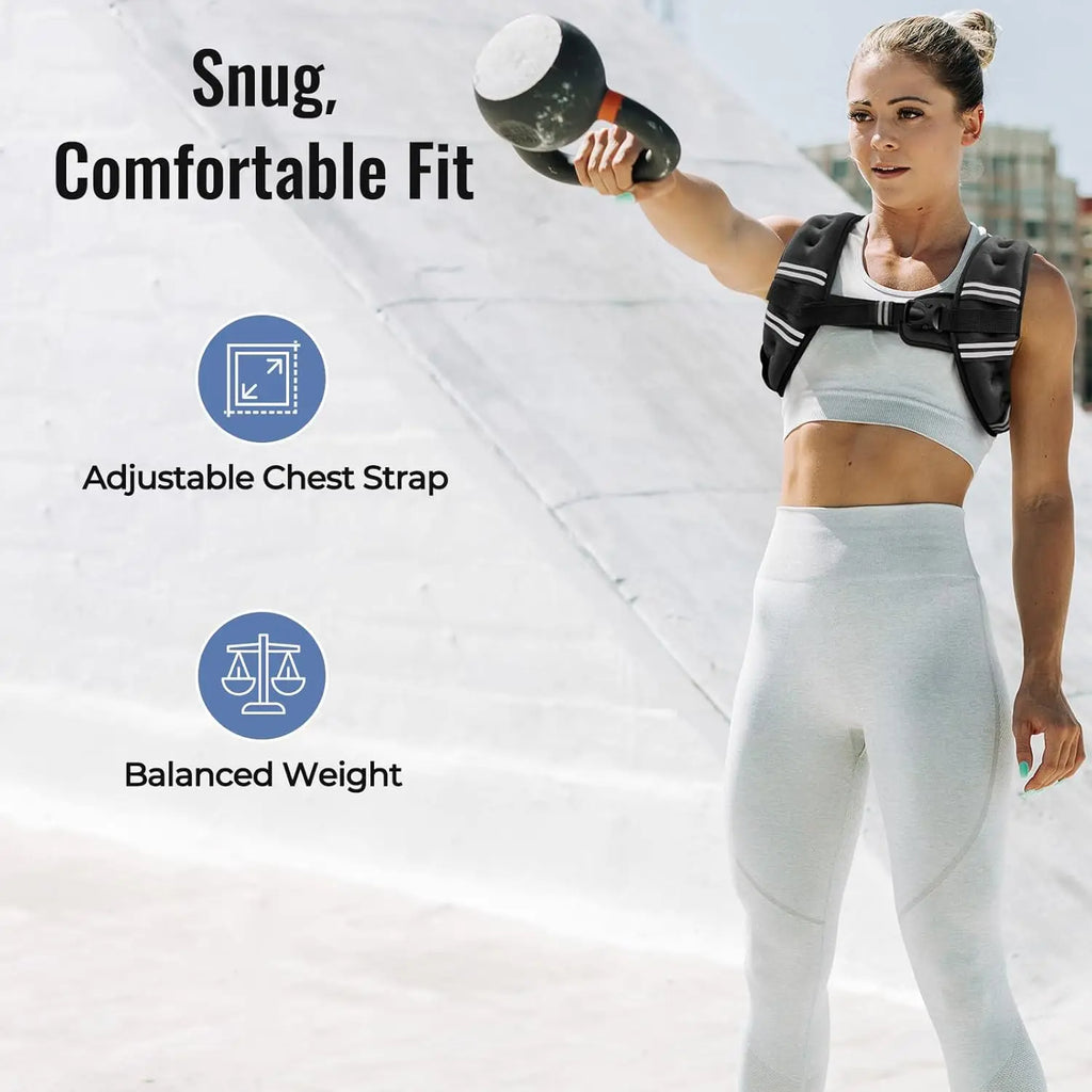 Woman exercising with a kettlebell wearing a black weighted vest with adjustable chest strap