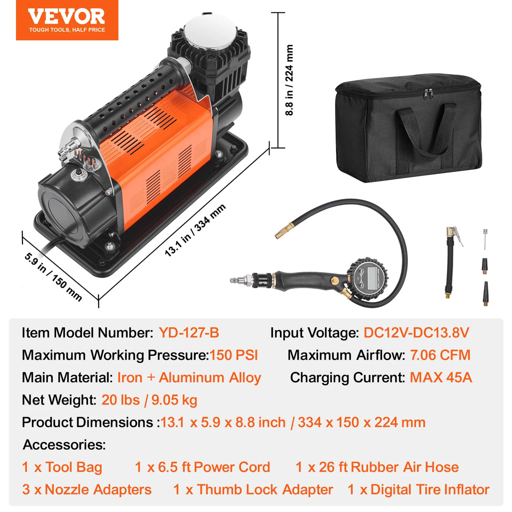 SucceBuy Tire Inflator Compressor 6-10 CFM Heavy Duty Air Compressor Dual-Cylinder 150PSI Air Pump with Adapters for Trucks – YD-127B