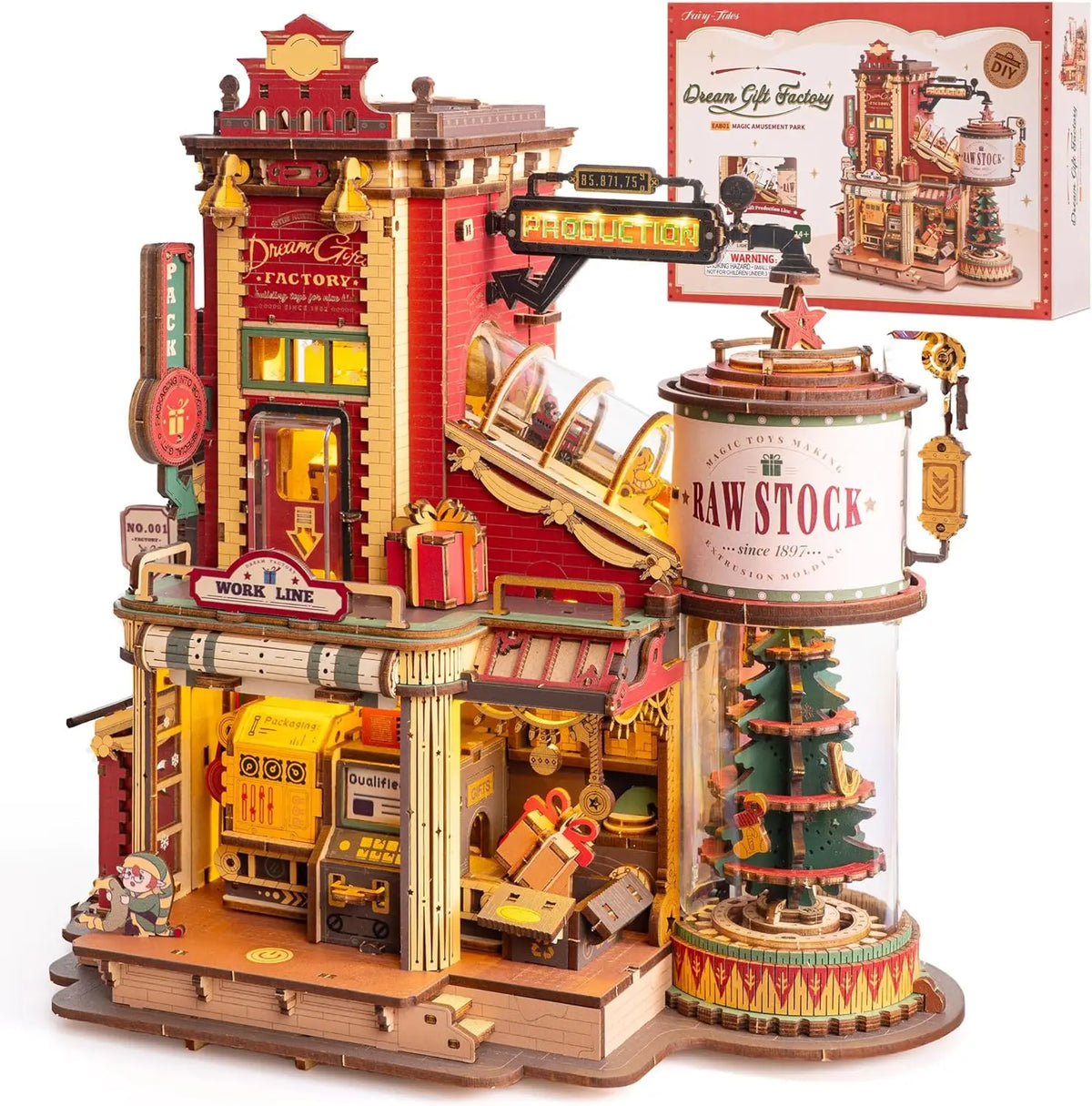 A miniature wooden toy factory 3D puzzle model with a gift box shown in the top right corner.