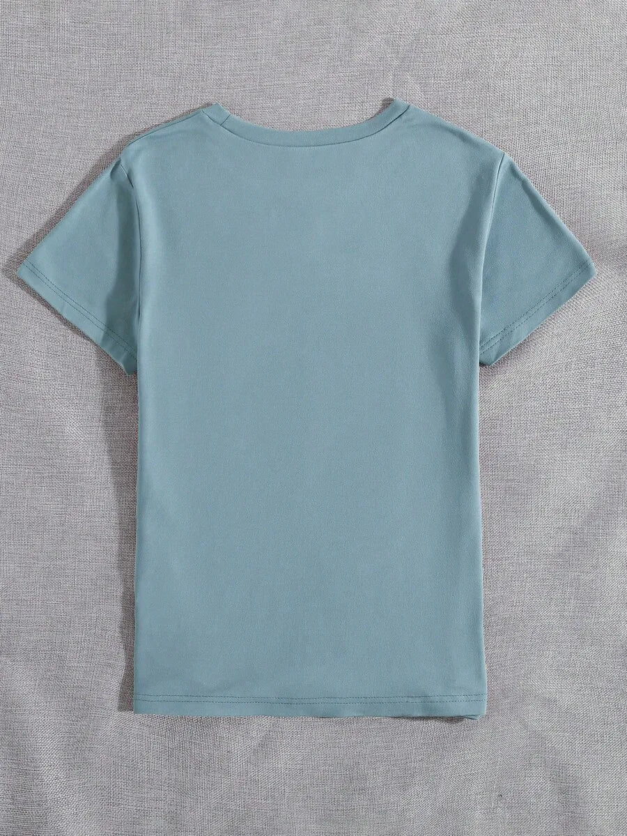 Back view of a plain light blue crew neck t-shirt