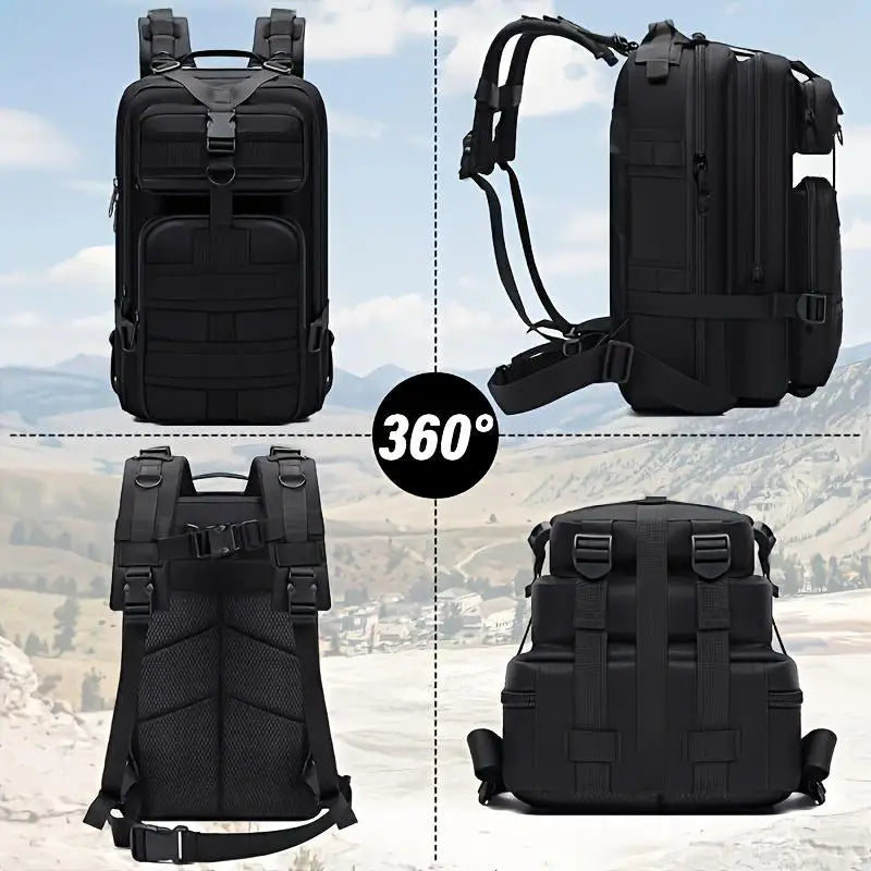 Multiple views of black tactical backpack